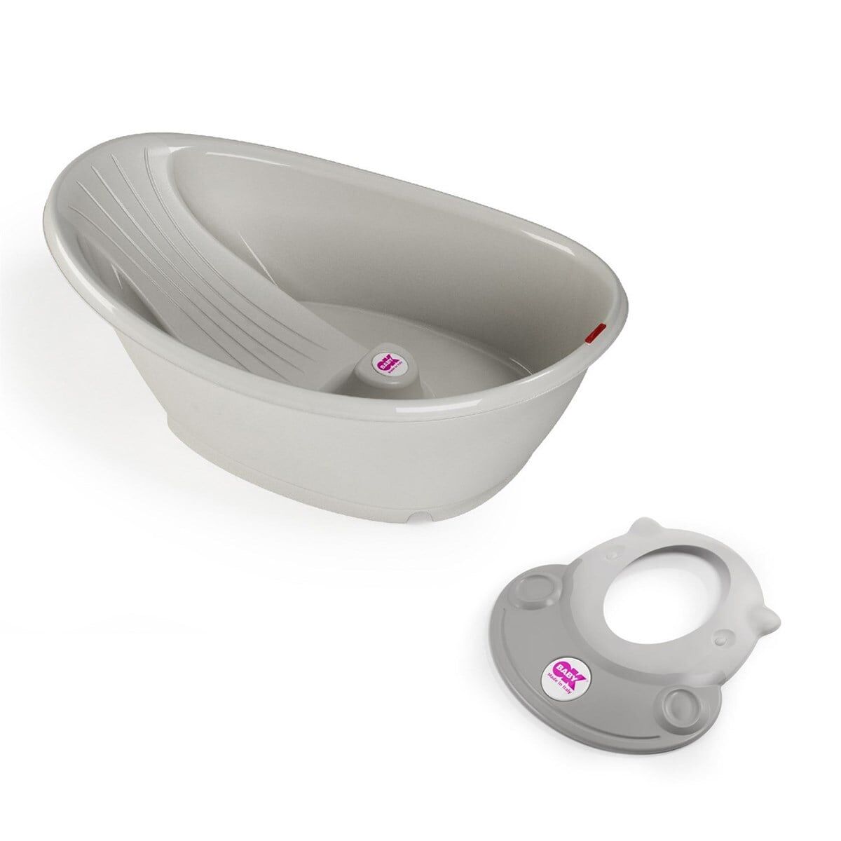 OKBaby Bebek Banyo Seti Bella Dijital Termometreli Çift Yönlü Küvet + Hippo Duş Şapkası A.Gri