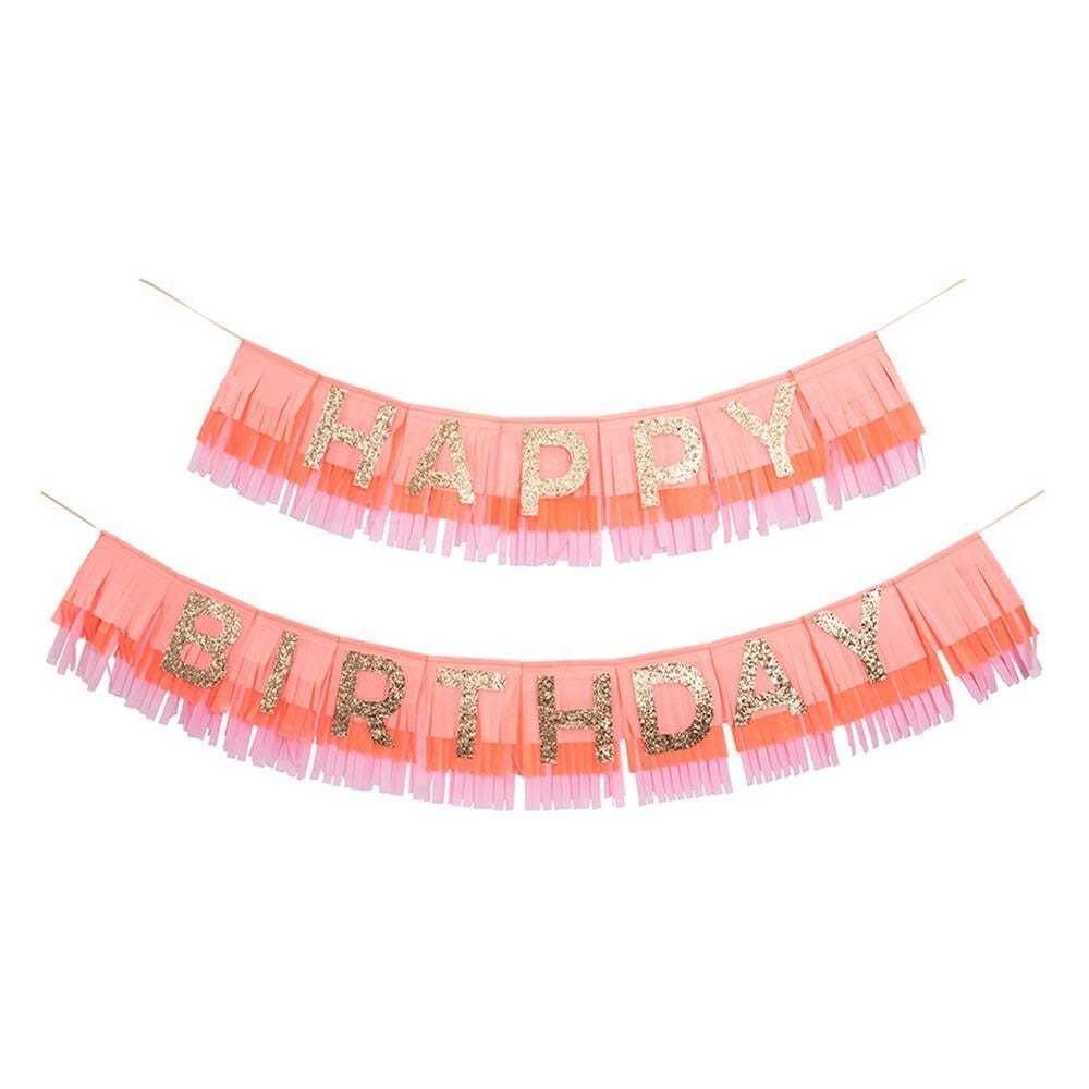 Meri Meri - Pink Happy Birthday Fringe Garland - Happy Birthday Pembe Püsküllü Asılan Süs