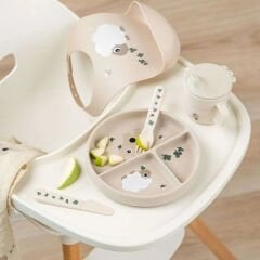 Done by Deer - Tiny Farm - Vakumlu Bölmeli Silikon Tabak - Bej