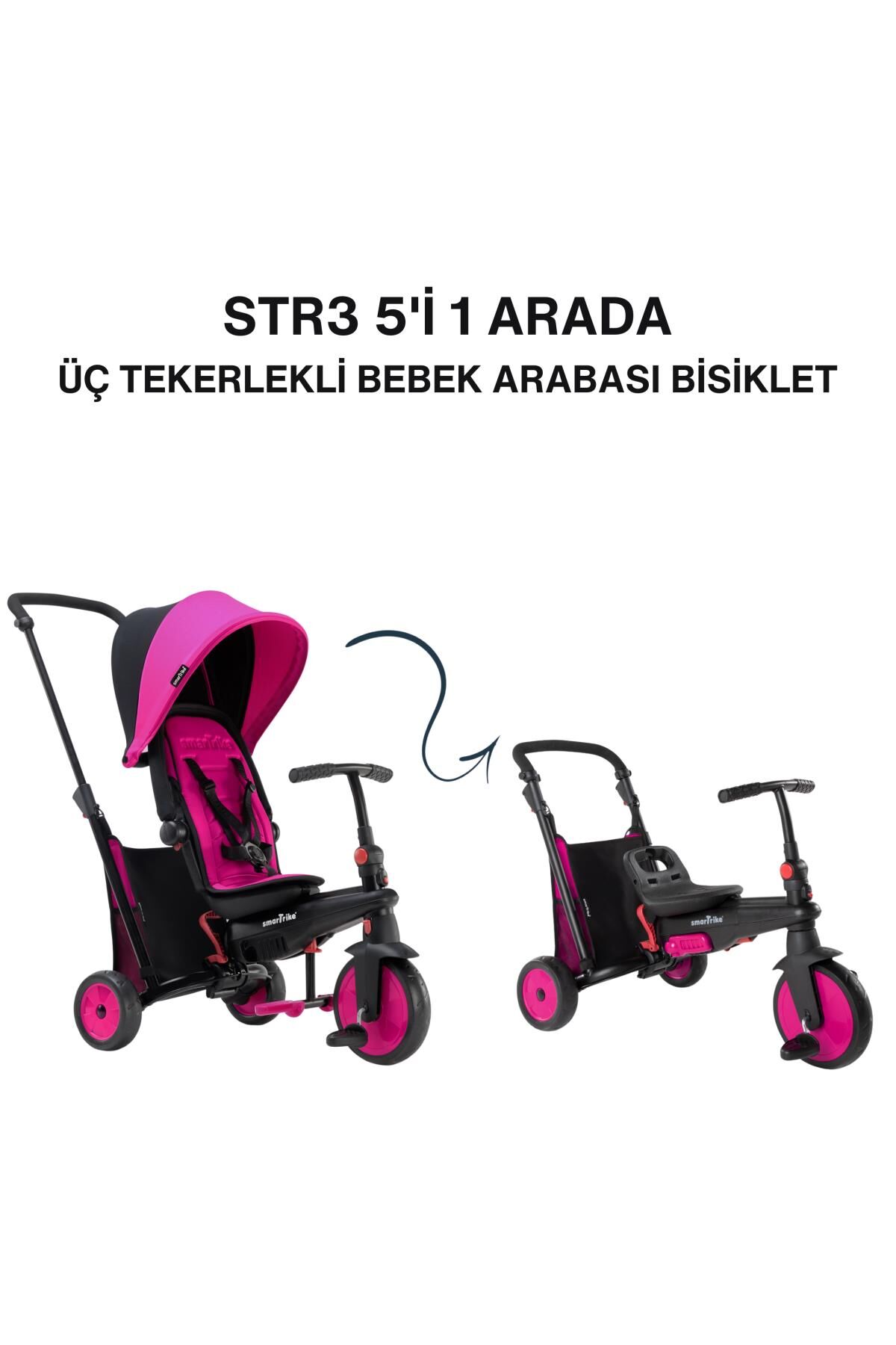 SmarTrike STR3 Plus 5’i 1 Arada Modüler Katlanabilir Bebek Arabası ve Üç Tekerlekli Bebek Bisikleti - Pink