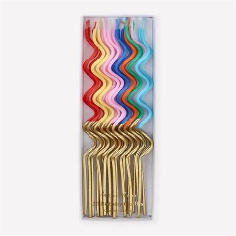 Meri Meri - Gold Dipped Swirly Candles - Altın Detaylı Renkli Kıvrımlı Mumlar - 20 Adet