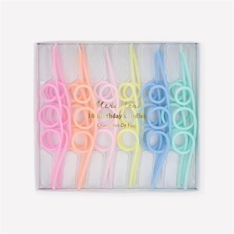 Meri Meri - Pastel Loopy Candles - Pastel Renk Kıvrımlı Mumlar - 16 Adet
