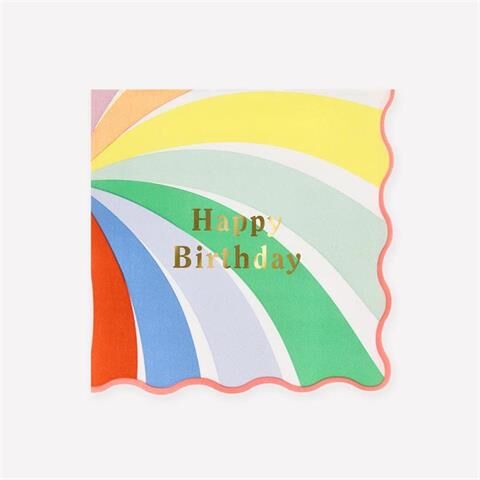 Meri Meri - Rainbow Swirl Happy Birthday Large Napkins - Gökkuşağı Desenli Happy Birthday Peçeteler - L - 16 Adet