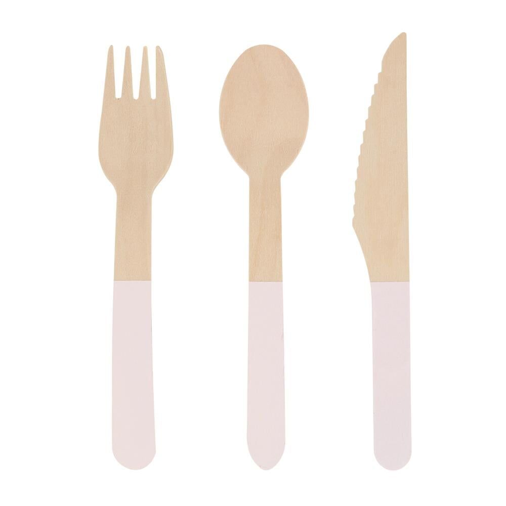 Meri Meri - Ahşap Çatal-Kaşık-Bıçak Set - Pembe - 24 Adet