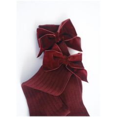 Kadife Fiyonklu Dizaltı Uzun Çorap, Bordo (5-7 Yaş)