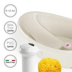 OkBaby Bella Çift Yönlü Banyo Küveti 0-12 ay & Splash Bebek Duşu & Doğal Banyo Süngeri No.10 / Beyaz