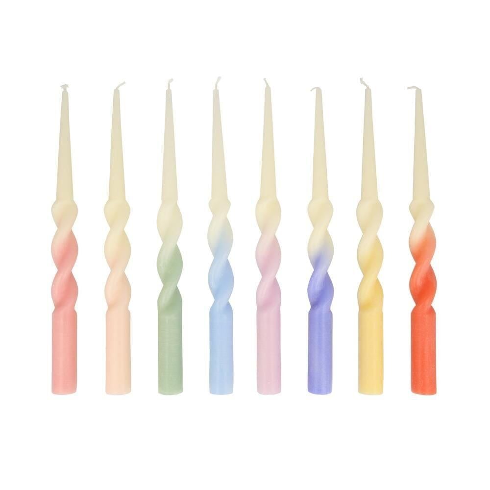 Meri Meri -  Rainbow Twisted Dipped Candles - Gökkuşağı Renkler Kıvrımlı Masa Mumları (8'Li)