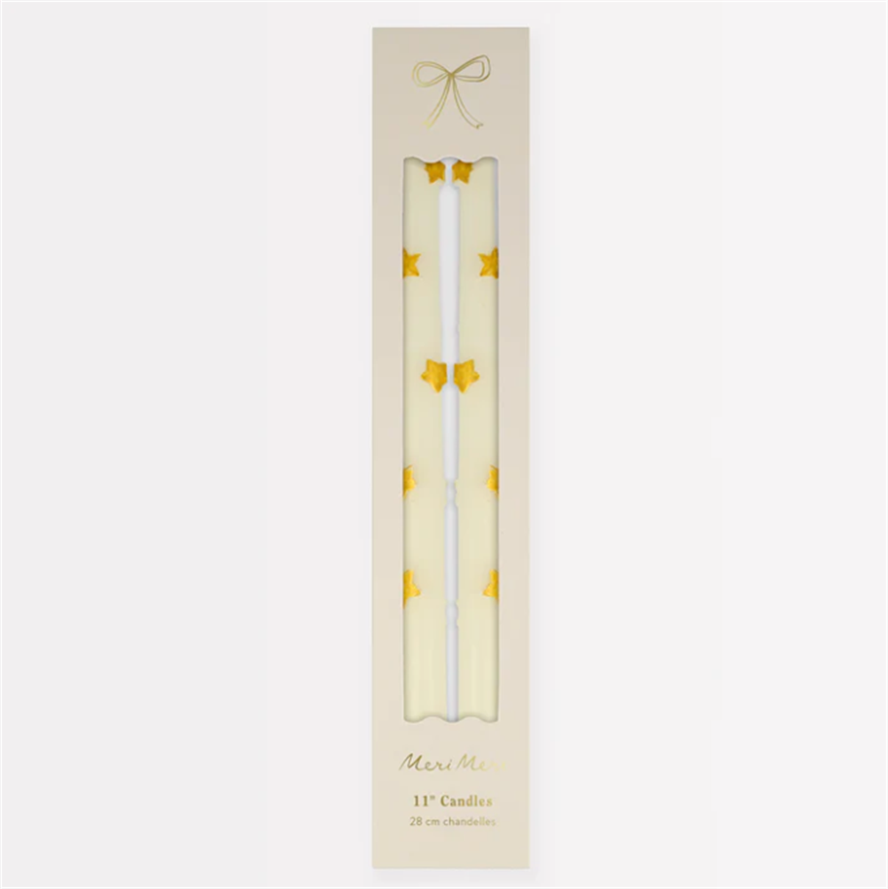 Meri Meri - Gold Star Taper Candle - Altın Yıldız Detaylı Mumlar (2'Li)