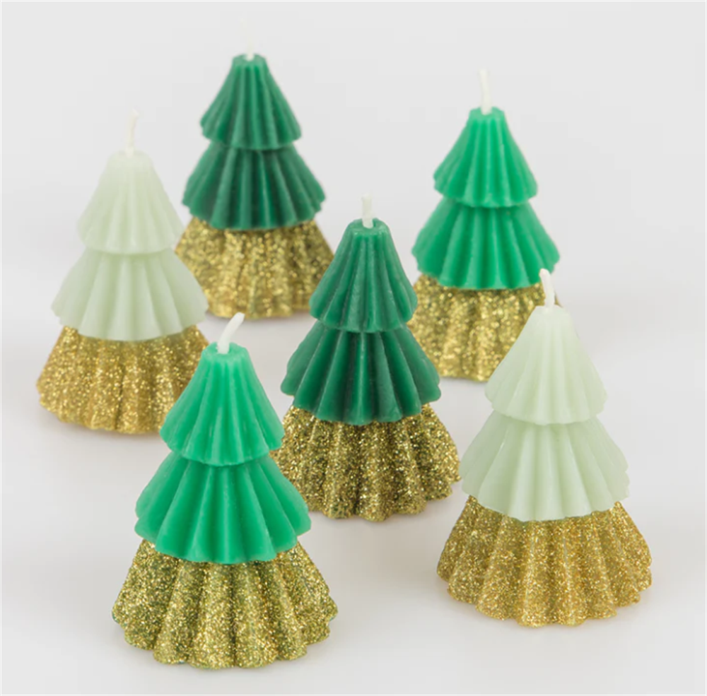 Meri Meri - Green Mini Tree Candles - Yeşil Mini Ağaç Mumlar (6'Lı)