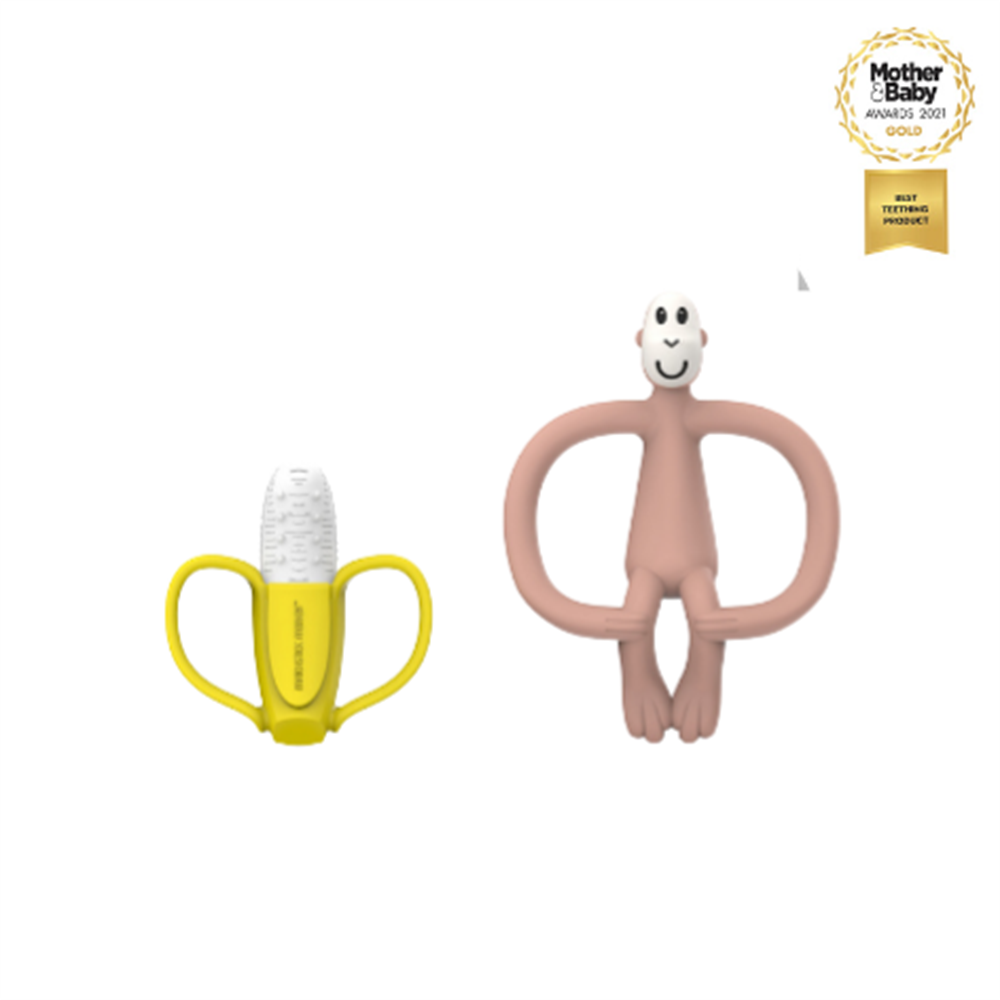 Matchstick Monkey Banana-Silikon Diş Kaşıyıcı Hediye Seti / Pembe