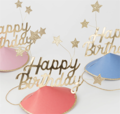 Meri Meri - Happy Birthday & Stars Party Hats(FOIL) - Happy Birthday & Yıldızlar Parti Şapkaları (6'Lı)