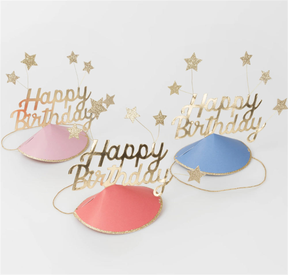 Meri Meri - Happy Birthday & Stars Party Hats(FOIL) - Happy Birthday & Yıldızlar Parti Şapkaları (6'Lı)
