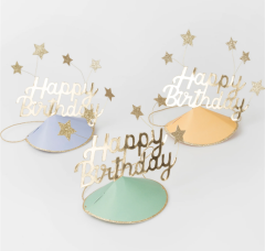 Meri Meri - Happy Birthday & Stars Party Hats(FOIL) - Happy Birthday & Yıldızlar Parti Şapkaları (6'Lı)