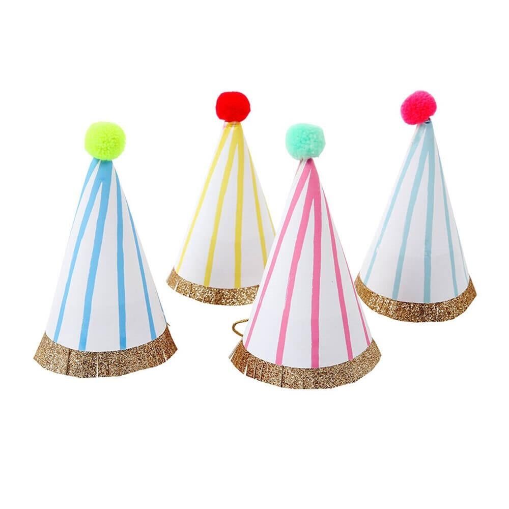 Meri Meri - Stripe & Pompom Mini Party Hats - Çizgili & Ponponlu Mini Parti Şapkaları