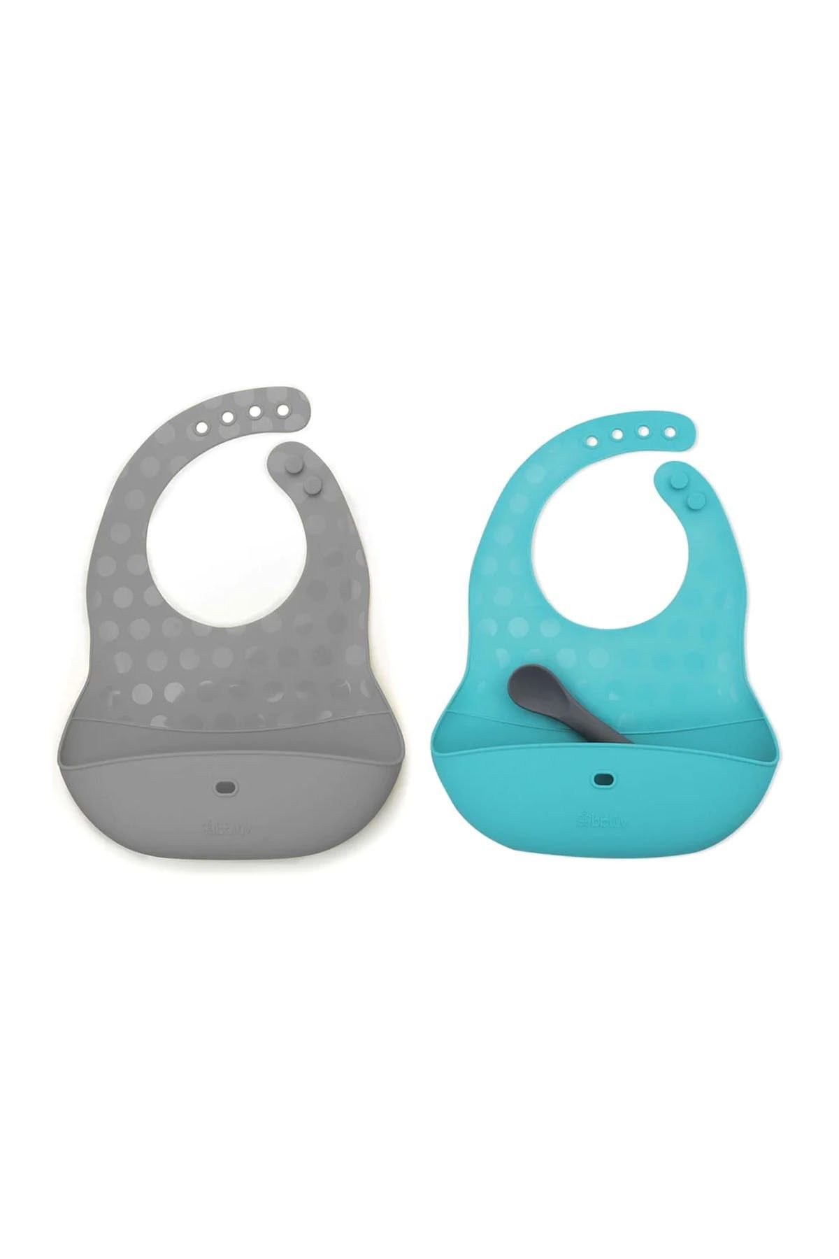bblüv Pöket 2'li Katlanabilir Silikon Önlük ve Kaşık Seti Mavi-Gri