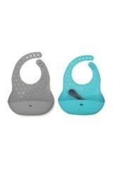 bblüv Pöket 2'li Katlanabilir Silikon Önlük ve Kaşık Seti Mavi-Gri