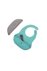 bblüv Pöket 2'li Katlanabilir Silikon Önlük ve Kaşık Seti Mavi-Gri