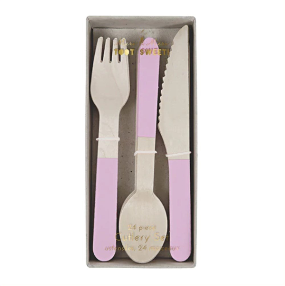 Meri Meri - Pink Wooden Cutlery Set - Pembe Tahta Çatal-Kaşık-Bıçak Set
