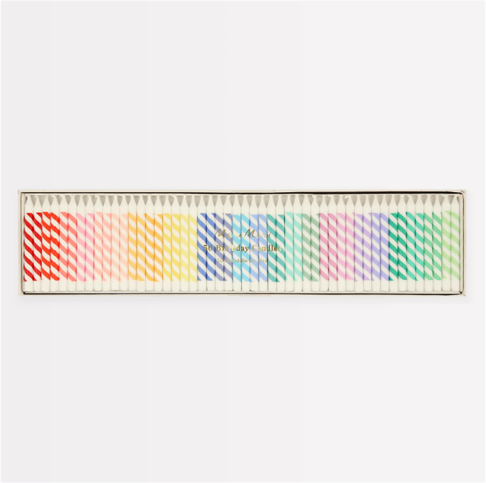 Meri Meri - Rainbow Striped Mini Candles - Gökkuşağı Renklerinde Mini Mumlar (X50)