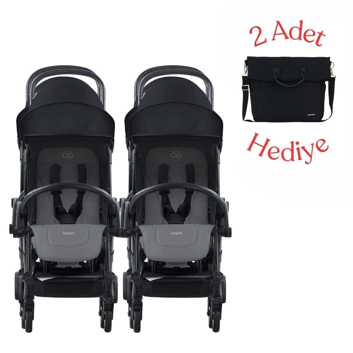 Bumprider Connect³ İkiz Bebek Arabası Black - Grey Melange & Yan Bakım Çantası Hediyeli