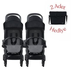 Bumprider Connect³ İkiz Bebek Arabası Black - Grey Melange & Yan Bakım Çantası Hediyeli