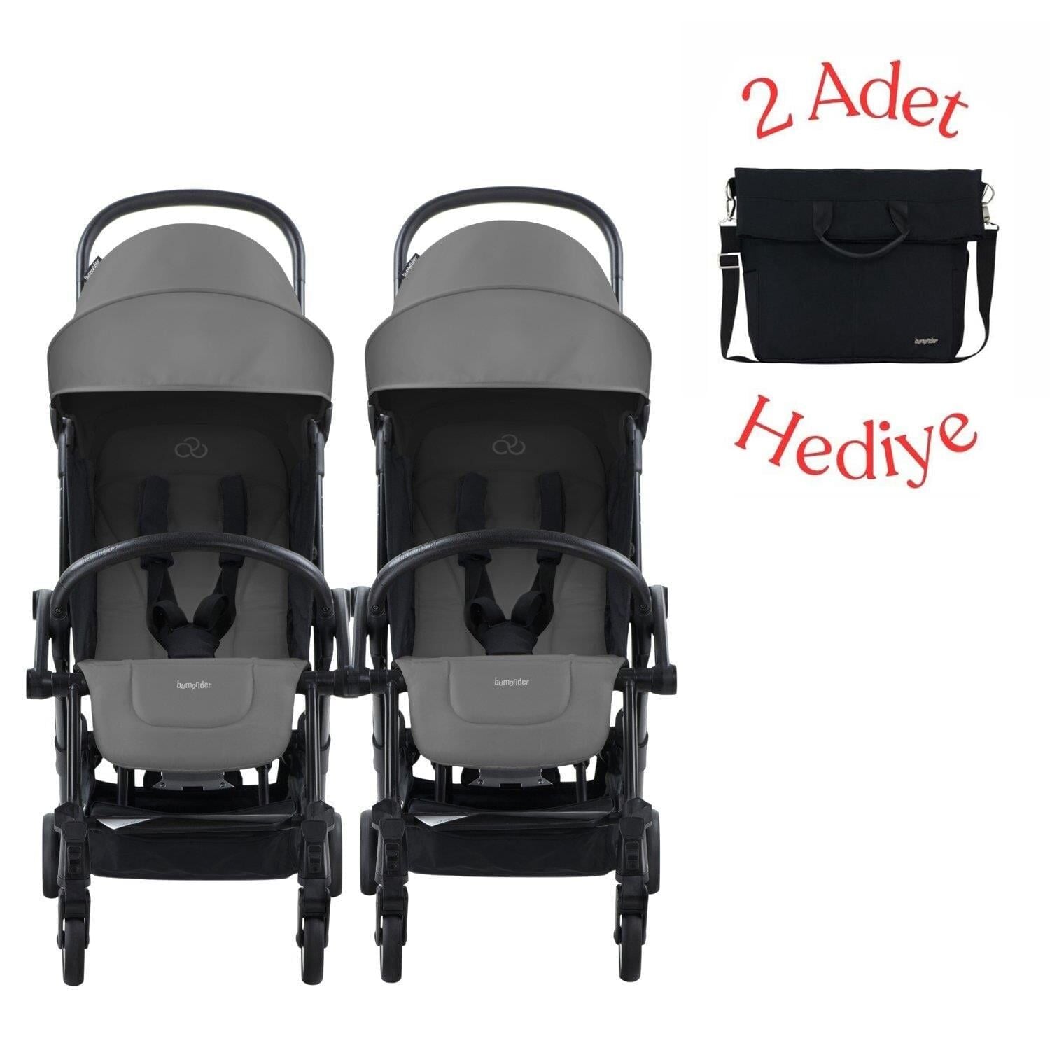 Bumprider Connect³ İkiz Bebek Arabası Black-Grey & Yan Bakım Çantası Hediyeli