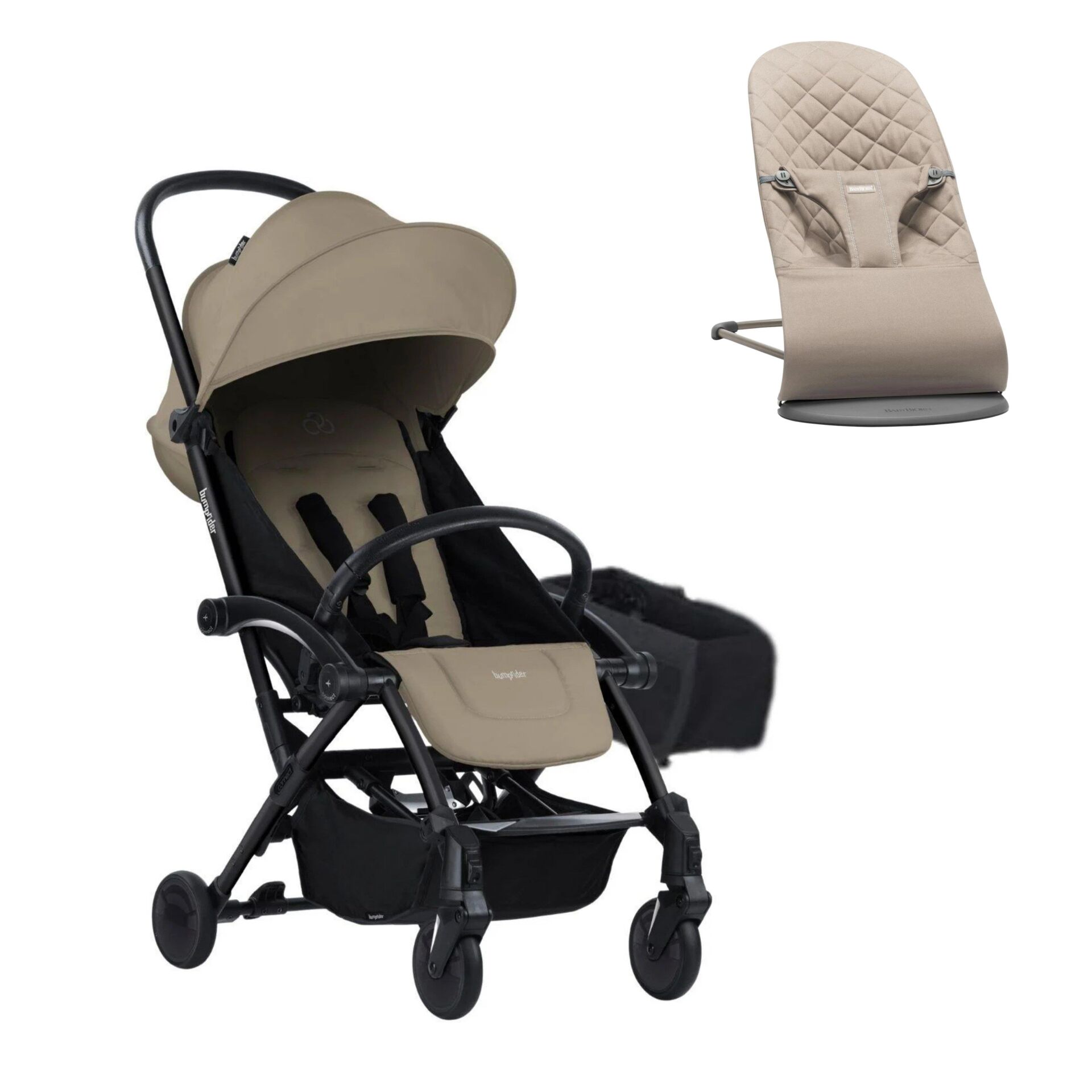 BabyBjörn Bliss Ana Kucağı Woven Sand Grey & Bumprider Connect³ Bebek Arabası Black-Sand - Yan Düzenleyici Çanta
