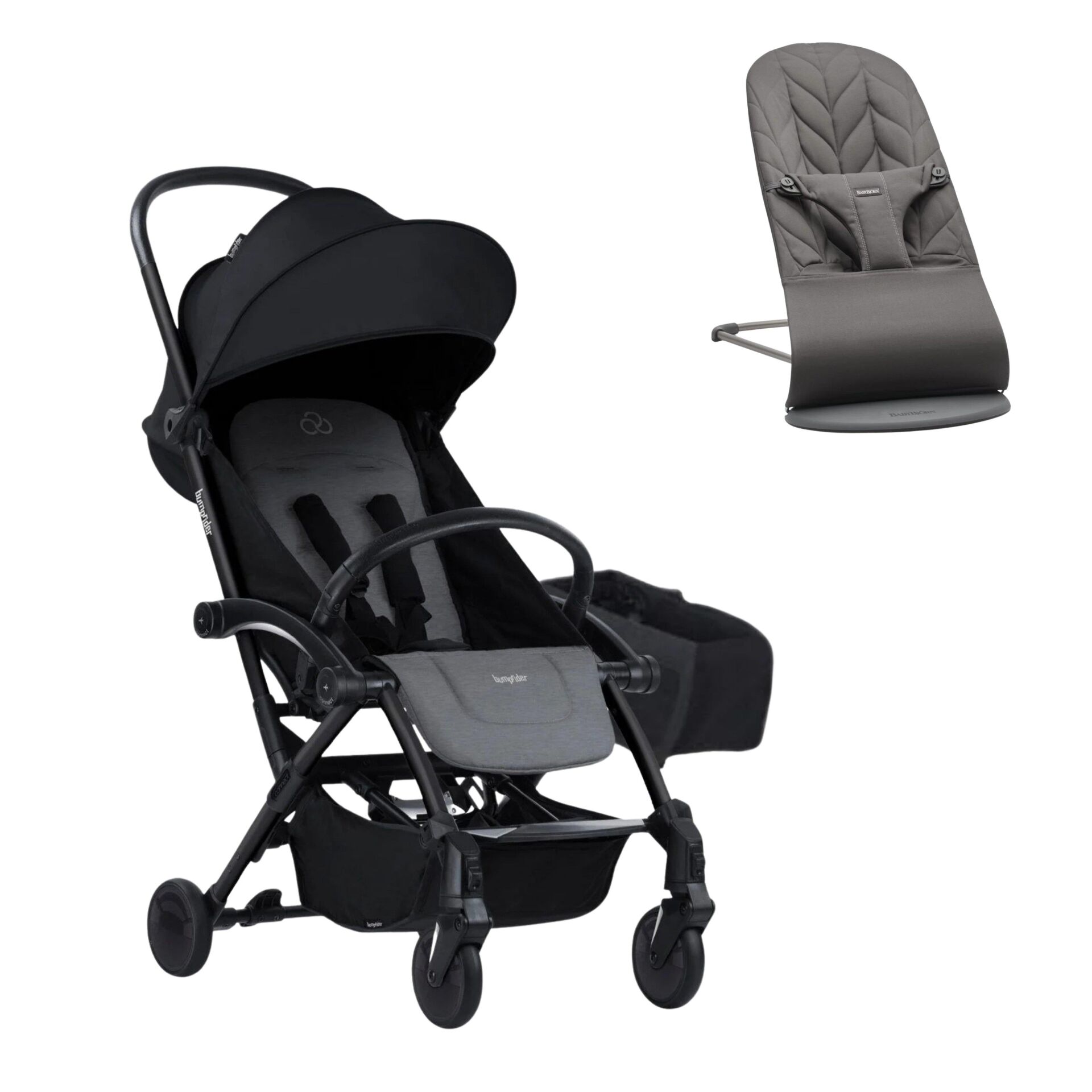 BabyBjörn Bliss Ana Kucağı Petal Woven Anthracite & Bumprider Connect³ Bebek Arabası Black-Grey Melange- Yan Düzenleyici Çanta