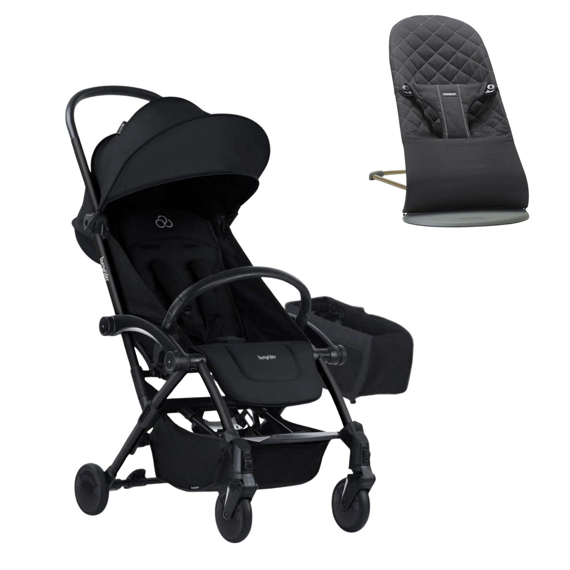 BabyBjörn Bliss Ana Kucağı Woven Black & Bumprider Connect³ Bebek Arabası Black-Black & Yan Düzenleyici Çanta
