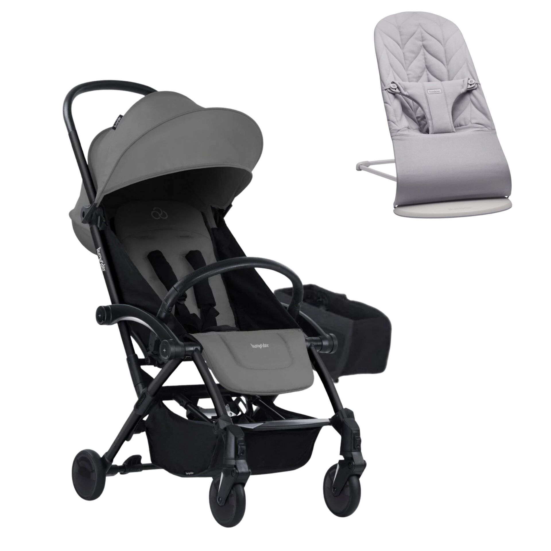 BabyBjörn Bliss Ana Kucağı Petal Woven Grey & Bumprider Connect³ Bebek Arabası Black-Grey & Yan Düzenleyici Çanta
